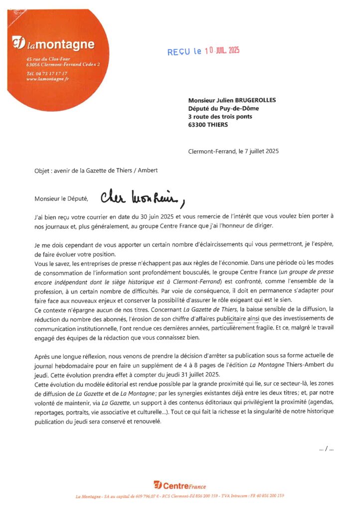 Avenir de La Gazette de Thiers et d'Ambert : réponse du Groupe Centre France La Montagne