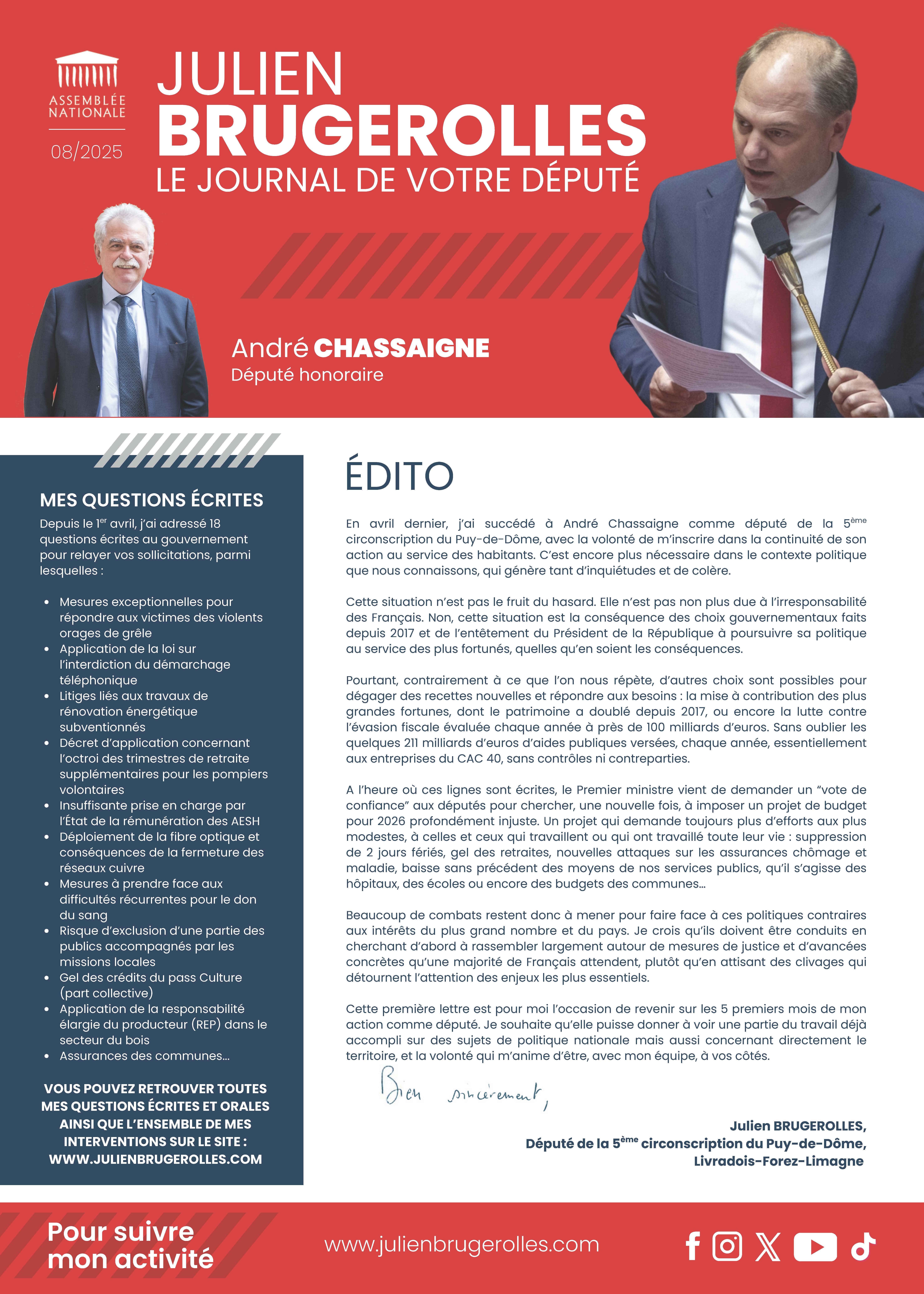 Premier numéro de la lettre d'information de Julien Brugerolles (août 2025)
