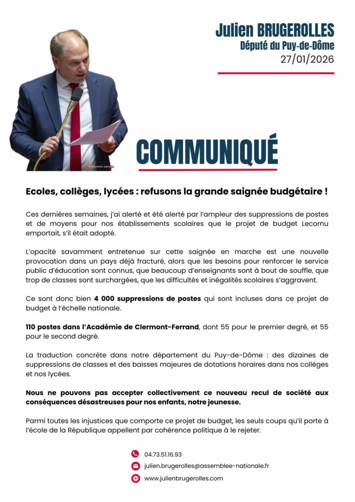 Communiqué de Julien Brugerolles : Ecoles, collèges, lycées : refusons la grande saignée budgétaire !