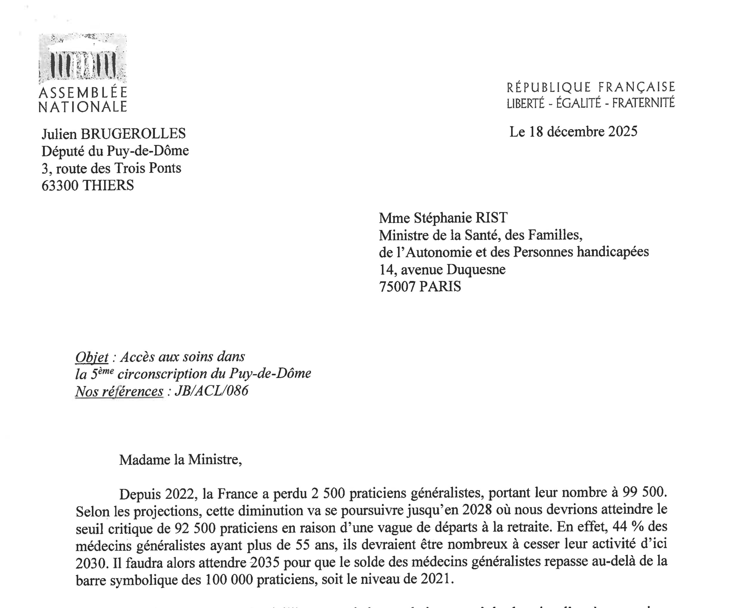 Accès aux soins dans la circonscription : le courrier de Julien Brugerolles à la ministre de la Santé, et sa réponse