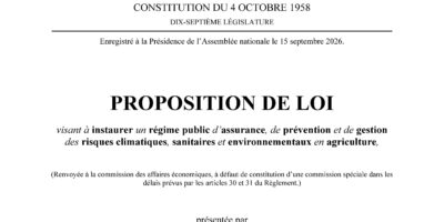 Proposition de loi visant à instaurer un régime public d’assurance, de prévention et de gestion des risques climatiques, sanitaires et environnementaux en agriculture, n° 3127, déposée le mardi 15 septembre 2026.